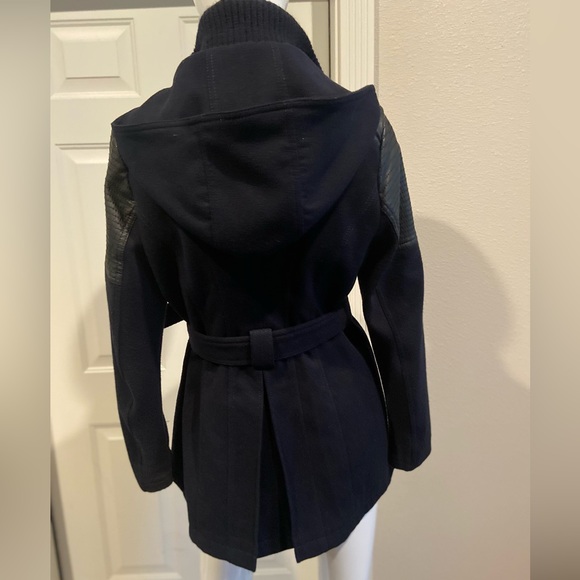 BCBGeneration~Navy & Black Faux Leather~Belted~Hooded~Pea Coat~Pockets~Size S - Picture 10 of 16